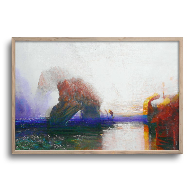 May include: Abstract landscape art print in a natural wood frame. The artwork depicts a blurred image of a rock formation with a natural arch, reflected in the water. The colour palette includes shades of red, blue, and yellow.