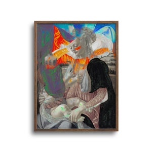 May include: A framed art print featuring a digitally altered Renaissance-style painting. The artwork depicts figures in muted tones with overlaid vibrant colors, including orange, green, and blue. The frame is a warm brown, adding a classic touch to the modern art piece.