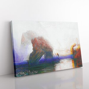 May include: Abstract canvas print depicting a landscape with a red rock formation and water. The artwork uses red, blue, purple, and white, with visible brushstrokes. The canvas is mounted on a wooden frame, suitable for home decor.