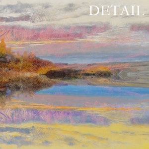 May include: An abstract landscape painting with a serene lake reflecting a colorful sky. The artwork features a blend of pink, yellow, blue, and purple hues, with the word "DETAIL" in white at the top. The painting evokes a sense of tranquility.