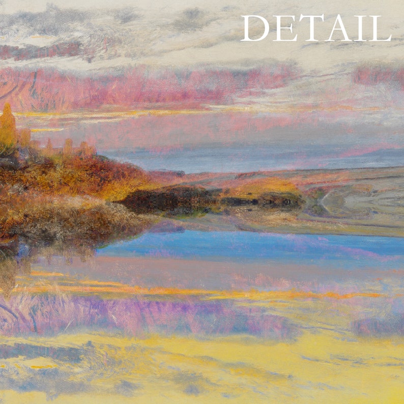 May include: An abstract landscape painting with a serene lake reflecting a colorful sky. The artwork features a blend of pink, yellow, blue, and purple hues, with the word "DETAIL" in white at the top. The painting evokes a sense of tranquility.