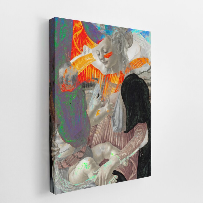 May include: A canvas print featuring a digitally altered Renaissance-style artwork. The image showcases figures in muted tones with vibrant orange, red, and green accents. The artwork has a surreal, layered effect, with visible brushstrokes and textures.