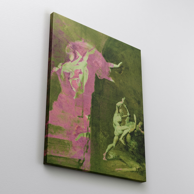 K&ouml;nnte beinhalten: Leinwanddruck mit einer klassischen Kunstszene. Das Kunstwerk zeigt Figuren in Gr&uuml;n- und Rosat&ouml;nen vor einem dunkelgr&uuml;nen Hintergrund. Die Figuren befinden sich in dynamischen Posen, wodurch ein Gef&uuml;hl von Bewegung und Dramatik entsteht.
