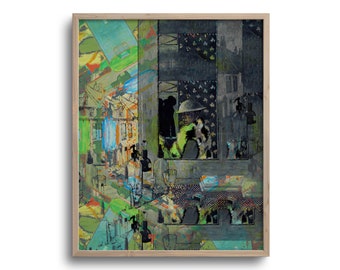 May include: Abstract art print in a wooden frame. The artwork features a collage of shapes and colors, including green, blue, and orange. Silhouettes of figures and bottles are visible, creating a layered and textured composition. The overall theme is a cityscape or interior scene.