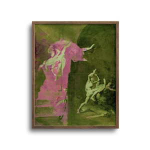 K&ouml;nnte beinhalten: Ein gerahmtes Kunstwerk mit einem klassischen Gem&auml;lde mit Figuren in Gr&uuml;n- und Rosat&ouml;nen. Das Kunstwerk hat einen dunklen Holzrahmen. Das Gem&auml;lde zeigt mehrere Figuren in Bewegung, mit einem dramatischen und k&uuml;nstlerischen Stil.