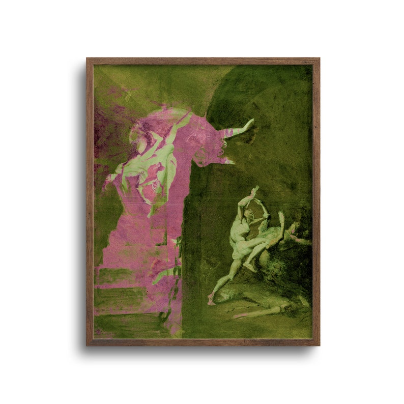 K&ouml;nnte beinhalten: Ein gerahmtes Kunstwerk mit einem klassischen Gem&auml;lde mit Figuren in Gr&uuml;n- und Rosat&ouml;nen. Das Kunstwerk hat einen dunklen Holzrahmen. Das Gem&auml;lde zeigt mehrere Figuren in Bewegung, mit einem dramatischen und k&uuml;nstlerischen Stil.
