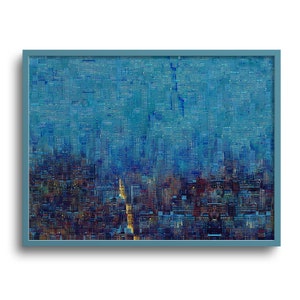 May include: Abstract cityscape art print in a light blue frame. The artwork depicts a dense urban landscape with buildings in shades of blue, brown, and gold. The overall theme is a nighttime city scene.