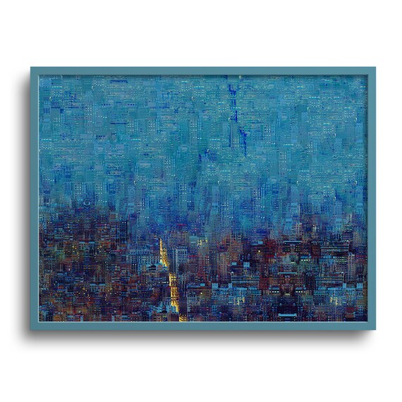 Night Blue Abstract Cityscape Art Print, Pixel Art Canvas