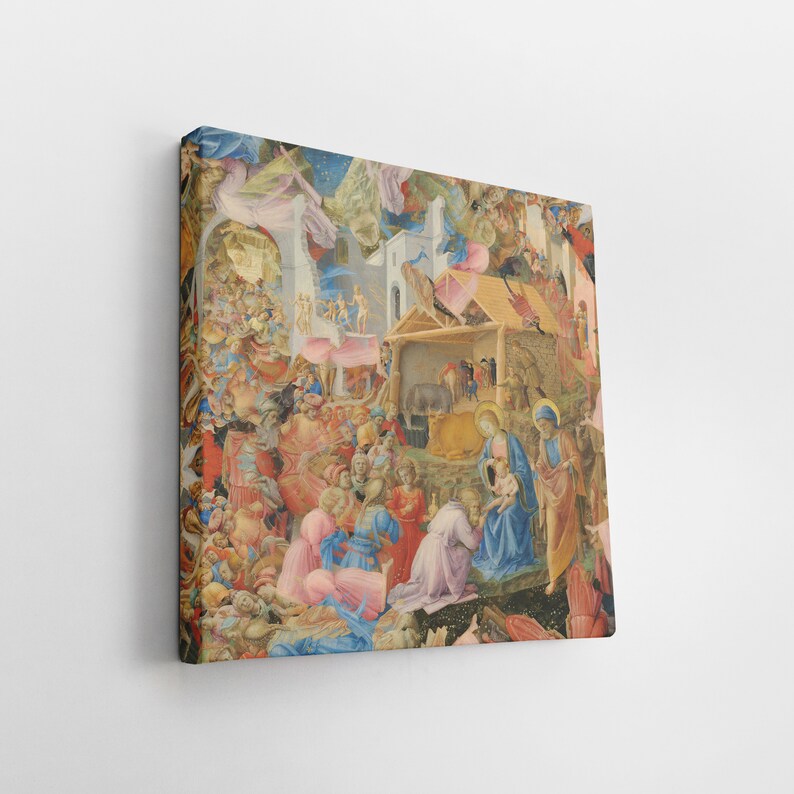 May include: A canvas print of a Renaissance painting depicting the Nativity scene. The artwork features numerous figures in vibrant colors, including blues, reds, and golds. The scene includes the Holy Family, the Three Wise Men, and a crowd of onlookers.