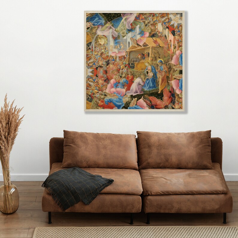 May include: A framed Renaissance-style painting depicting a religious scene with numerous figures in vibrant colors. The artwork features a central nativity scene, with angels and other figures surrounding it. The painting is displayed above a brown sofa.