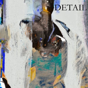 May include: Abstract painting with the word "DETAIL" in black. The artwork features a figure with a dark torso and a light-colored head, with strokes of blue, yellow, and teal. The background is primarily white with textured brushstrokes.