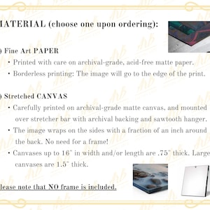 May include: Informational graphic detailing material options for artwork. Options include fine art paper, printed on archival-grade matte paper, and stretched canvas, carefully printed on archival-grade matte canvas. Canvases up to 16" wide are .75" thick.