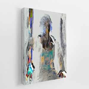 May include: Abstract art print on canvas. The artwork features a figure with a white coat and a colorful vertical stripe on the left side. The color palette includes white, gray, blue, and touches of other colors.