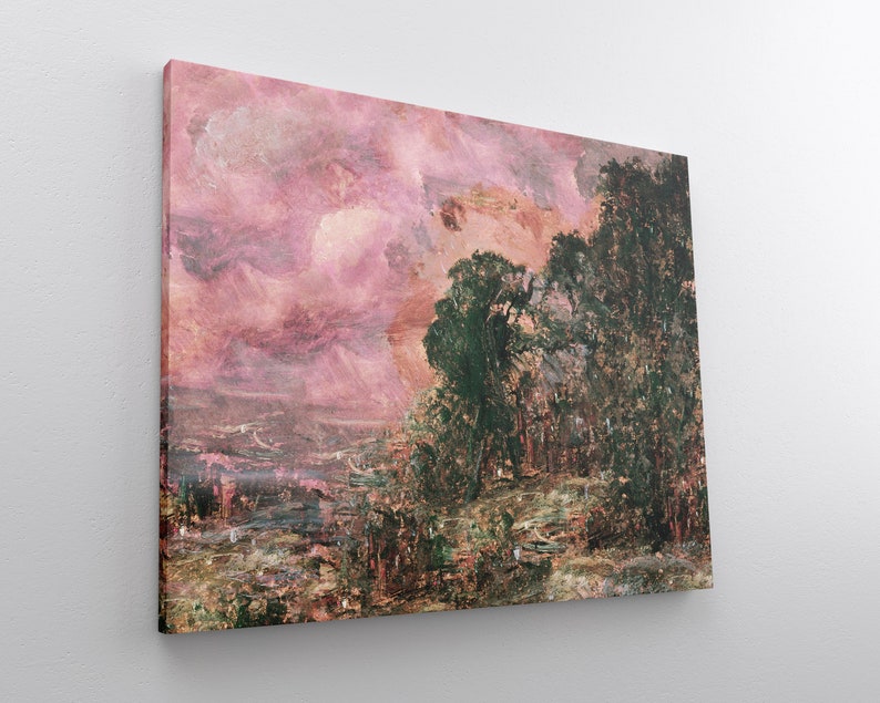 May include: A canvas print of an impressionistic landscape painting. The artwork features a pink and peach-colored sky with dark green trees on the right side. The foreground shows a mix of green and brown tones, suggesting a natural setting.