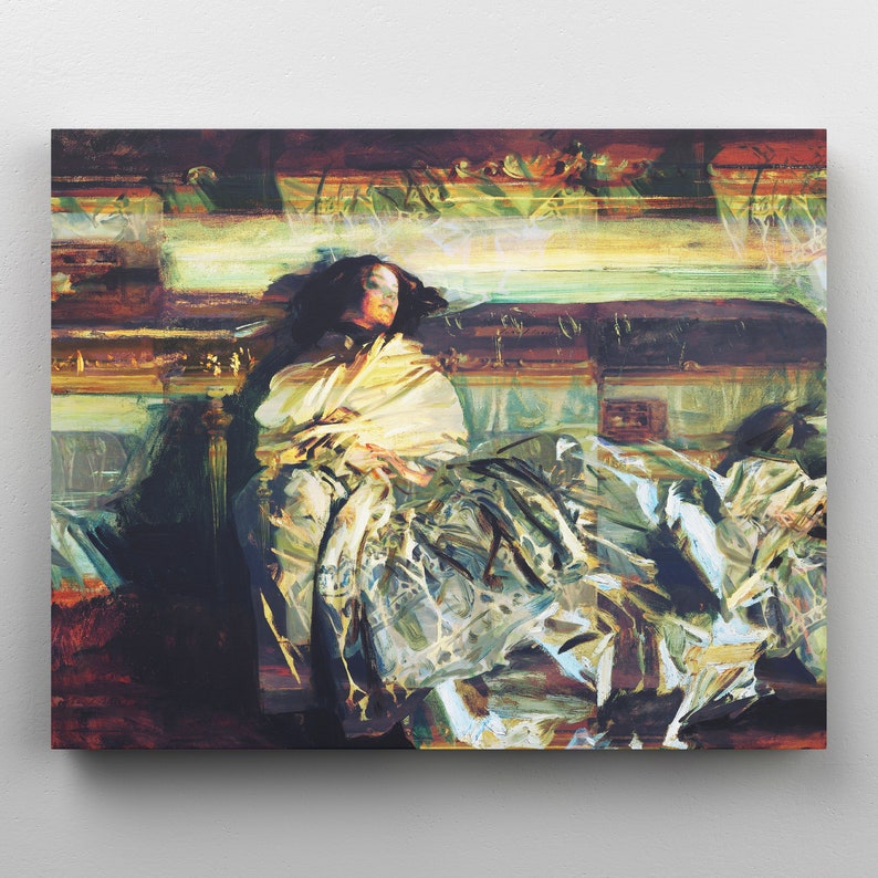 May include: An abstract oil painting on canvas depicts a person draped in a cream-colored shawl, seated on a bed. The artwork features a palette of muted greens, browns, and yellows, with visible brushstrokes and a textured appearance. The overall theme is a portrait.