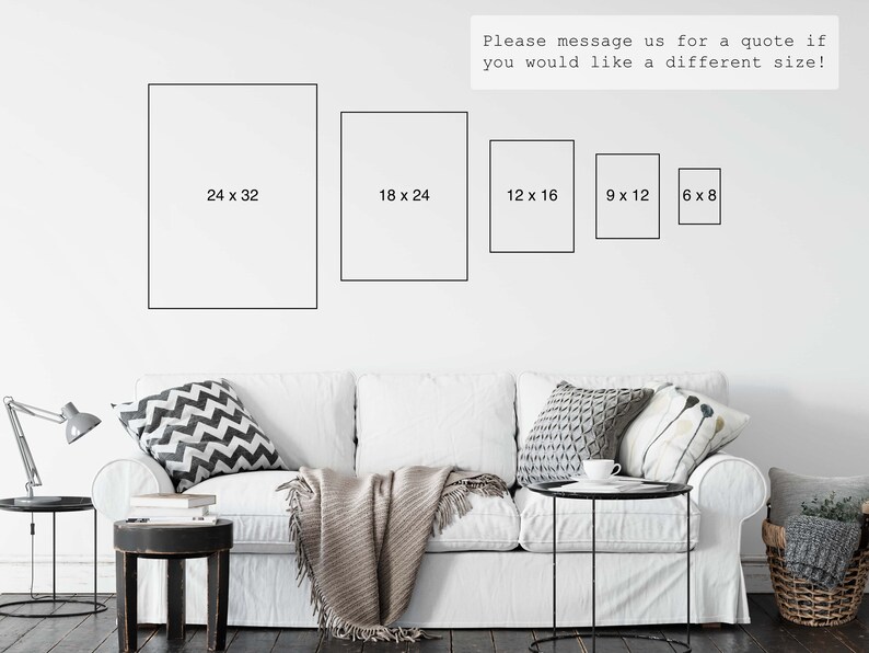 May include: A white sofa with decorative pillows and a blanket is in front of a white wall. On the wall are five framed rectangles with the dimensions 24 x 32, 18 x 24, 12 x 16, 9 x 12, and 6 x 8. Text above the frames reads, "Please message us for a quote if you would like a different size!"