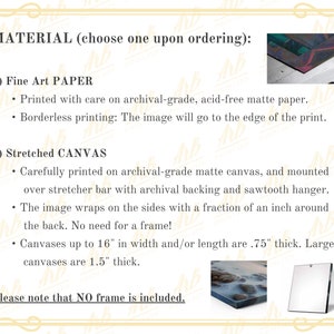 K&ouml;nnte beinhalten: Informative Grafik, die Materialoptionen f&uuml;r Kunstwerke detailliert. Optionen sind Fine Art Papier und Keilrahmen. Der Text beschreibt den Druckprozess, die Papierart und die Leinwandst&auml;rke. Das Bild enth&auml;lt kleine Beispielbilder der fertigen Produkte.