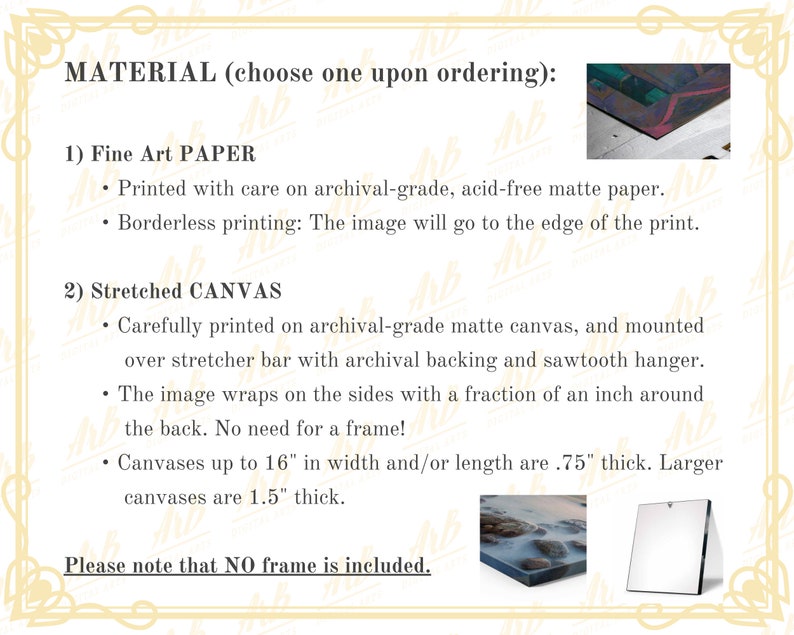 K&ouml;nnte beinhalten: Informative Grafik, die Materialoptionen f&uuml;r Kunstwerke detailliert. Optionen sind Fine Art Papier und Keilrahmen. Der Text beschreibt den Druckprozess, die Papierart und die Leinwandst&auml;rke. Das Bild enth&auml;lt kleine Beispielbilder der fertigen Produkte.