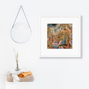 May include: A framed print of a Renaissance painting depicting a religious scene with numerous figures in vibrant colors. The artwork is in a white frame, displayed on a white wall, with a round mirror and decorative items nearby.