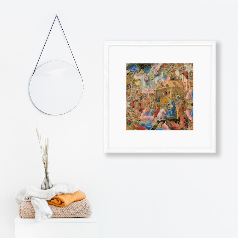 May include: A framed print of a Renaissance painting depicting a religious scene with numerous figures in vibrant colors. The artwork is in a white frame, displayed on a white wall, with a round mirror and decorative items nearby.