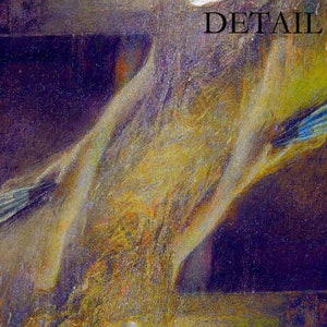 May include: Close-up of a painting with a textured surface. The artwork features a blend of yellow, gold, blue, and purple hues. The word "DETAIL" is written in black at the top of the image.