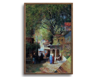 May include: A framed art print depicting a vibrant outdoor scene. The artwork features figures in traditional attire, buildings, and lush greenery. The color palette includes shades of green, blue, and brown, creating a sense of depth and atmosphere.