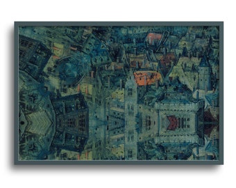 May include: Abstract cityscape art print in a dark teal frame. The artwork depicts a complex arrangement of buildings and rooftops in shades of blue, green, and orange. The painting has a textured, vintage appearance, evoking a sense of depth and history.