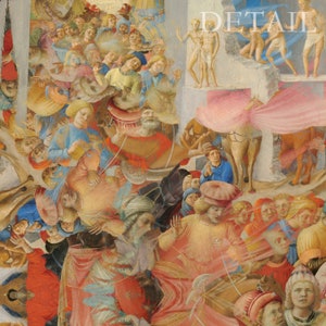 May include: A detail from a Renaissance painting depicting a crowd of figures in various poses and attire. The artwork features a range of colors, including blues, reds, and yellows. The word "DETAIL" is visible in the upper right corner.
