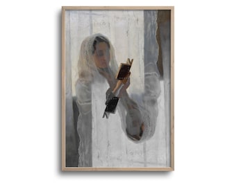 Surreal Portrait of a Woman Reading a Book, Altered Vintage Painting, Original Artwork, Fine Art Print, Paper or Stretched Canvas, Unframed