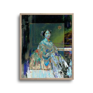 May include: A framed art print featuring a digitally altered portrait of a woman in a Victorian-era dress. The artwork has a distressed, layered effect with a color palette of blues, greens, and browns. The frame is a light wood color.