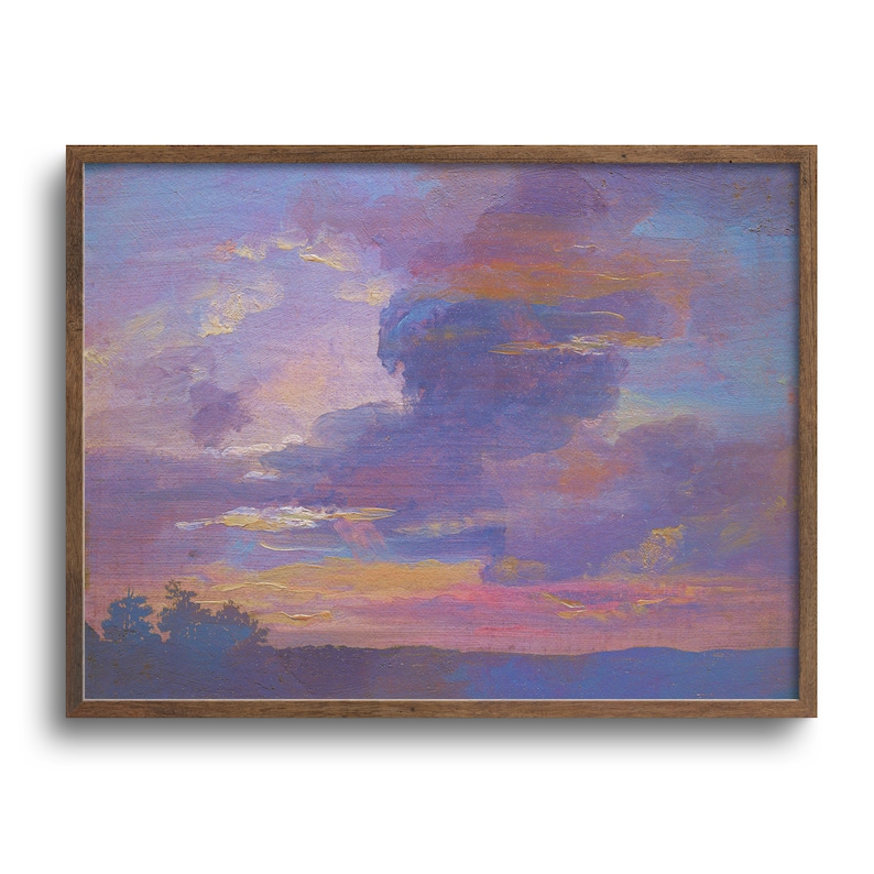 May include: A framed landscape painting depicting a sunset with a vibrant sky. The artwork features a blend of purple, blue, and yellow hues, with brushstrokes creating a textured effect. The painting is encased in a brown wooden frame, adding a classic touch.