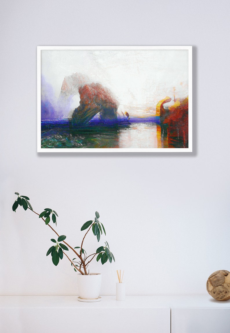 May include: Abstract landscape art print in a white frame. The artwork depicts a seascape with a rock formation in red, orange, and blue hues. The painting has a textured, painterly style, with a focus on colour and light.