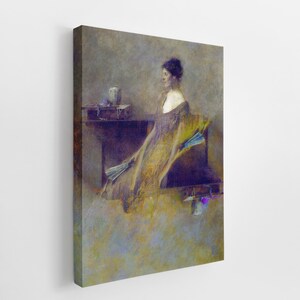 May include: A canvas print of a vintage painting depicting a woman in a flowing gown. She is seated, holding a fan, with a neutral background and muted colours of gold, purple, and blue. A table with objects is to the left.