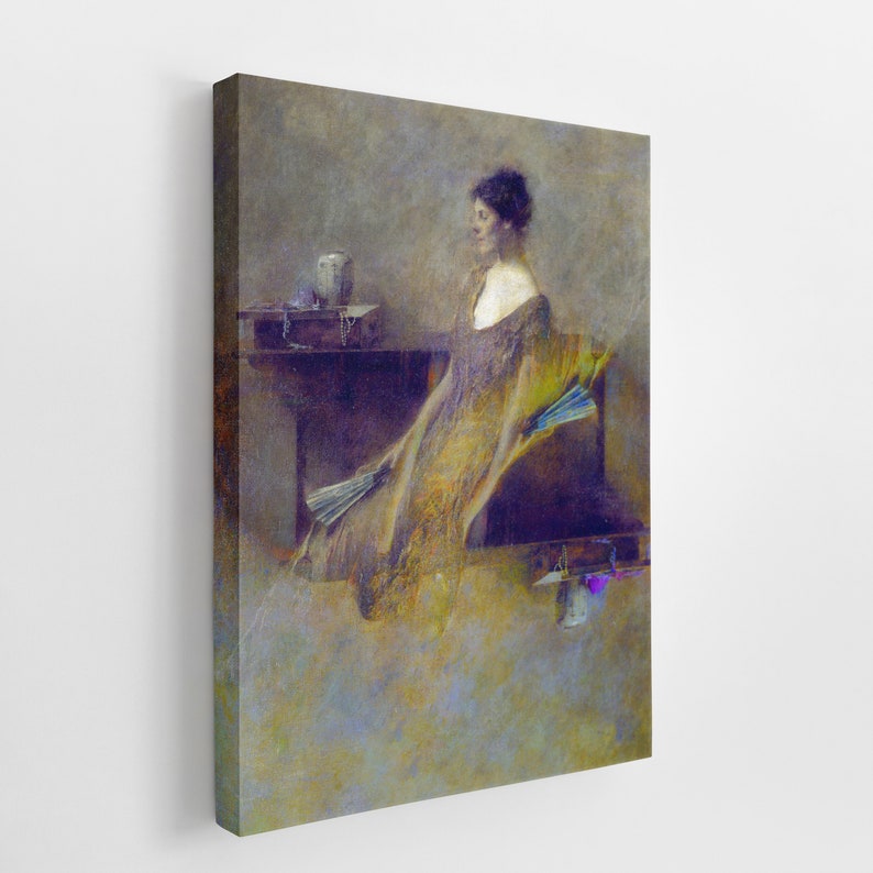 May include: A canvas print of a vintage painting depicting a woman in a flowing gown. She is seated, holding a fan, with a neutral background and muted colours of gold, purple, and blue. A table with objects is to the left.