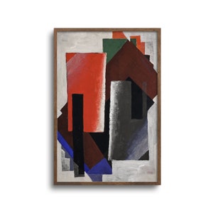May include: Abstract geometric art print in a wooden frame. The artwork features bold shapes in red, black, gray, green, and blue against a white background. The composition includes rectangles, squares, and triangles, creating a modern aesthetic.