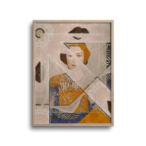 May include: Abstract portrait painting in a light wood frame. The artwork features a woman's face and upper body, with geometric shapes overlaying the image. The woman is wearing a yellow and orange patterned top with blue and black stripes. The background is a light beige.