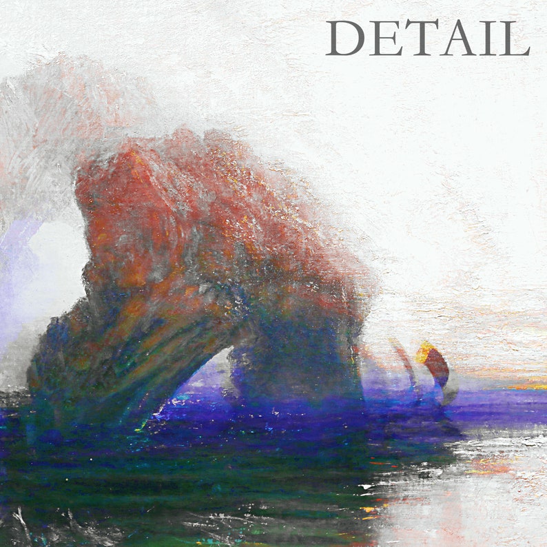 May include: Abstract painting with the word "DETAIL" at the top. The artwork features a red and brown rock formation with a blue and green body of water at the bottom. The painting has a textured, brushstroke style.
