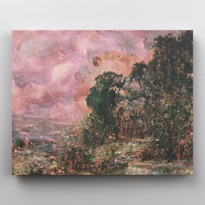May include: An abstract landscape painting featuring a vibrant pink and orange sky. Dark green trees and foliage are on the right side, with hints of a field in the foreground. The artwork is mounted on a white surface.