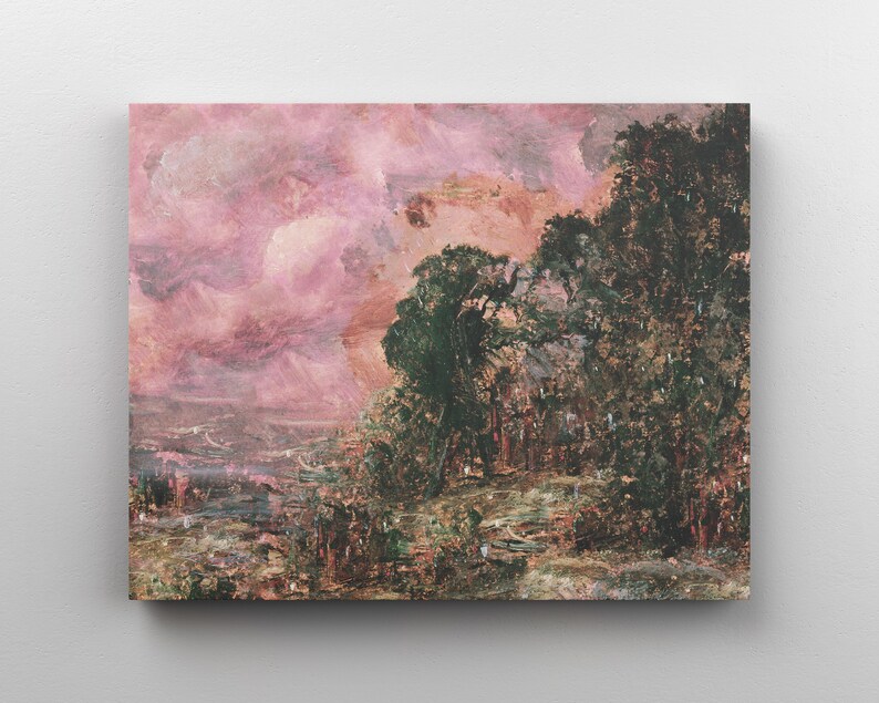 May include: An abstract landscape painting featuring a vibrant pink and orange sky. Dark green trees and foliage are on the right side, with hints of a field in the foreground. The artwork is mounted on a white surface.