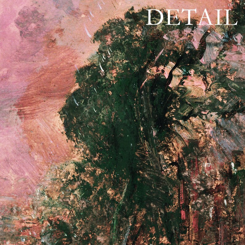 May include: Close-up of an abstract painting with the word "DETAIL" in white. The artwork features a blend of green, pink, and brown brushstrokes, suggesting a landscape or natural scene. The texture is thick and visible, with a focus on the interplay of colors.