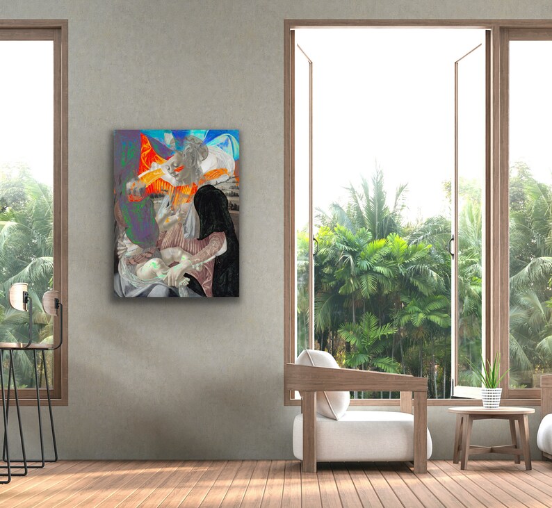 May include: A framed artwork featuring a religious scene with figures in shades of white, black, and orange. The artwork is displayed on a gray wall, with a window and outdoor view in the background. The room includes a chair and side table.
