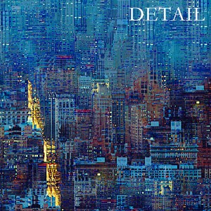 May include: Abstract cityscape art print with a blue and brown color palette. The image features a detailed view of city buildings with illuminated windows and the word "DETAIL" in white.