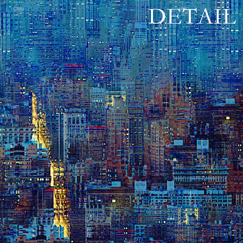 May include: Abstract cityscape art print with a blue and brown color palette. The image features a detailed view of city buildings with illuminated windows and the word "DETAIL" in white.