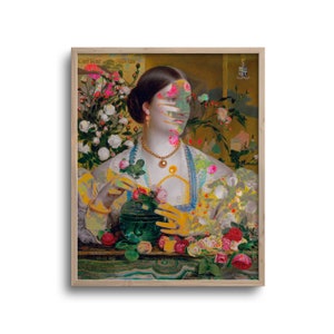 Surreal Portrait of a Lady with Flowers, Altered Antique Oil Painting, Original Artwork, Paper or Canvas Print, 8x10, 11x14, 16x20, 24x30 in