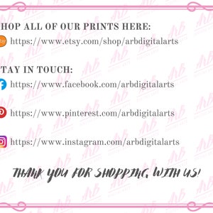 K&ouml;nnte beinhalten: Ein rosa gerahmter Grafik mit Text, der "SHOP ALL OF OUR PRINTS HERE" und Social-Media-Links f&uuml;r Etsy, Facebook, Pinterest und Instagram anzeigt. Der Text "THANK YOU FOR SHOPPING WITH US!" steht unten.