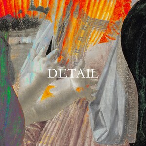 May include: A detail from a Renaissance painting featuring hands, draped fabric, and ornate clothing. The image has a color palette of muted pinks, whites, and oranges. The word "DETAIL" is printed in white across the image.