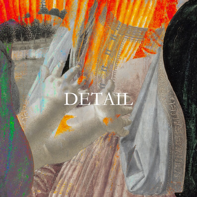 May include: A detail from a Renaissance painting featuring hands, draped fabric, and ornate clothing. The image has a color palette of muted pinks, whites, and oranges. The word "DETAIL" is printed in white across the image.