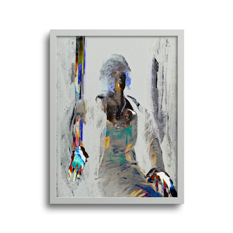May include: Abstract art print in a white frame. The artwork features a figure with a blurred face and body, rendered in shades of gray, blue, and teal. The figure is holding a colorful object with strokes of red, yellow, and blue.