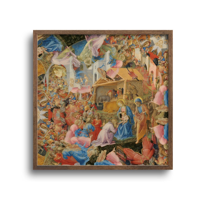 May include: A framed print of a Renaissance painting depicting the Nativity scene. The artwork features numerous figures in vibrant colors, including blues, reds, and golds, with a focus on the Holy Family and the Three Wise Men. The frame is a warm brown color.