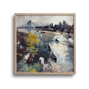 Brooklyn Bridge Painting, Vintage New York City, East River, Altered Art, Square Print or Canvas–8x8, 12x12, 16x16, 20x20, 24x24, 30x30 in